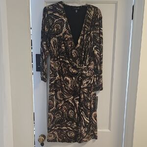 Long Sleeve Faux-Wrap Dress in Black and Tan - Classic Print